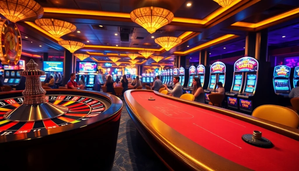 Dynamic casino floor scene with players at a poker table, capturing the excitement of https://go8.sa.com/ gambling activities.