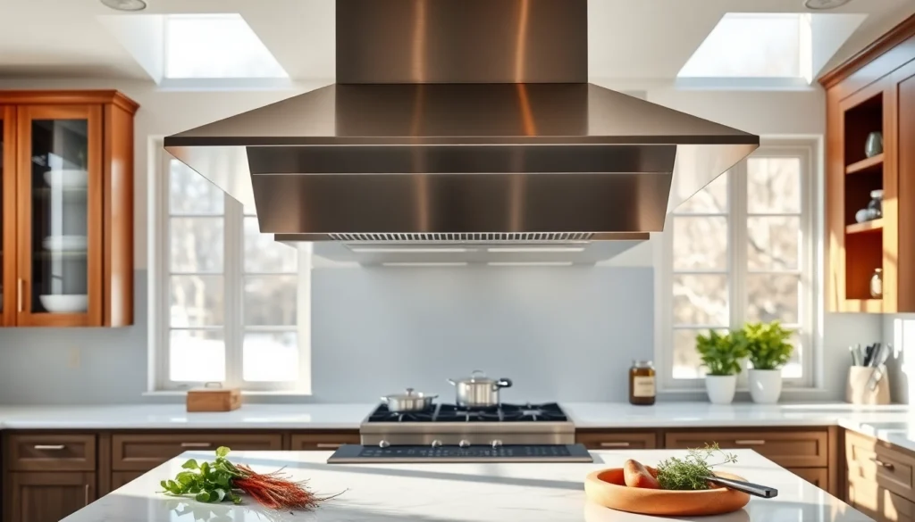Modern island cooker hood above a central kitchen island with elegant design elements.