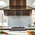 Modern island cooker hood above a central kitchen island with elegant design elements.