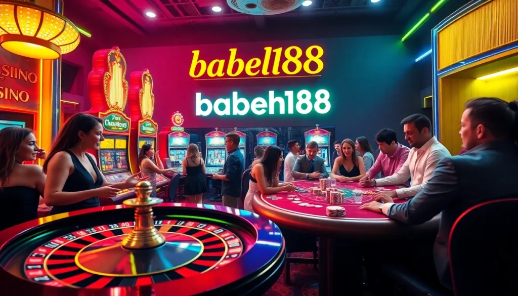 Experience the thrill of winning at babeh188 in a vibrant casino setting featuring roulette and slot machines.