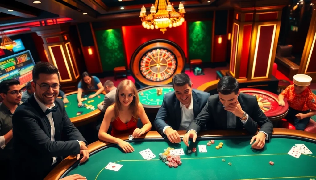 32win casino scene with players engaging in thrilling poker gameplay, vibrant atmosphere.