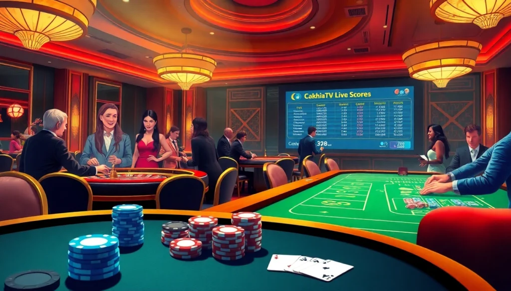 Experience the thrilling action at a luxurious casino with CakhiaTV live scores, vibrant gaming tables, and engaging players.