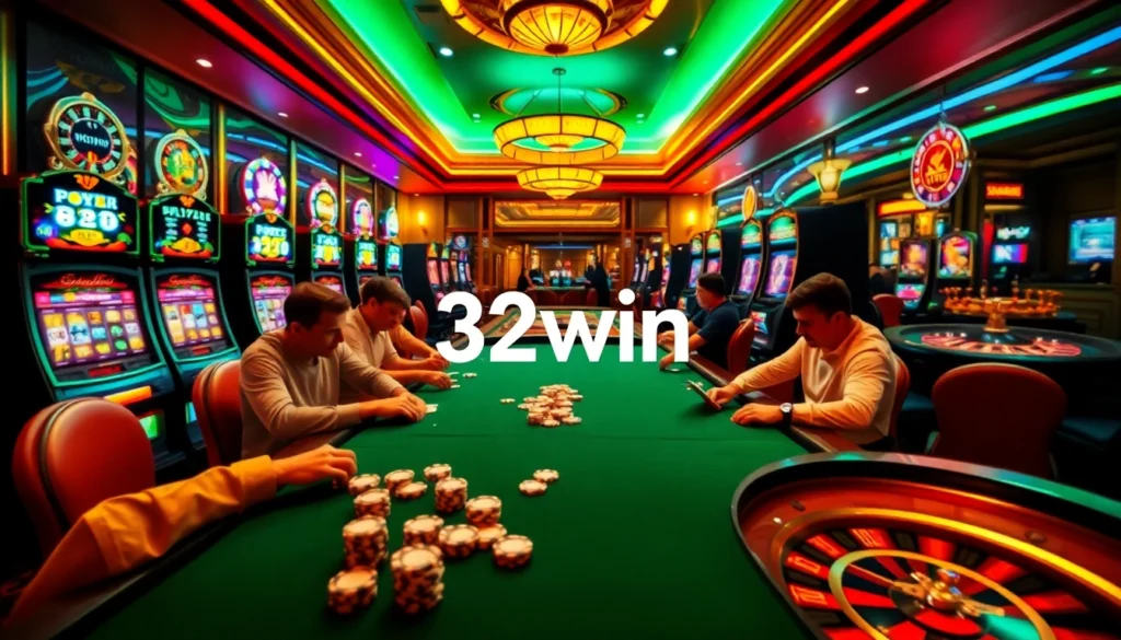Experience thrilling gameplay at 32win with intense poker matches and vibrant slot machines in a luxurious casino setting.