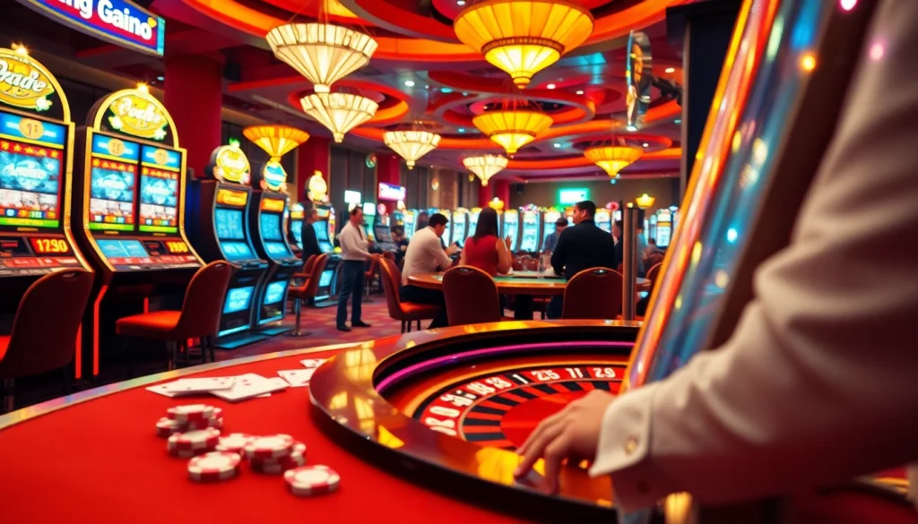 Experience the thrill of 32win casino with vibrant gaming scenes featuring roulette, poker, and slot machines, inviting you to play.