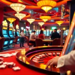 Experience the thrill of 32win casino with vibrant gaming scenes featuring roulette, poker, and slot machines, inviting you to play.