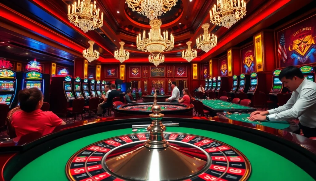 Experience the exhilarating atmosphere of https://999bet.ws/ with players at a roulette table under dazzling casino lights.
