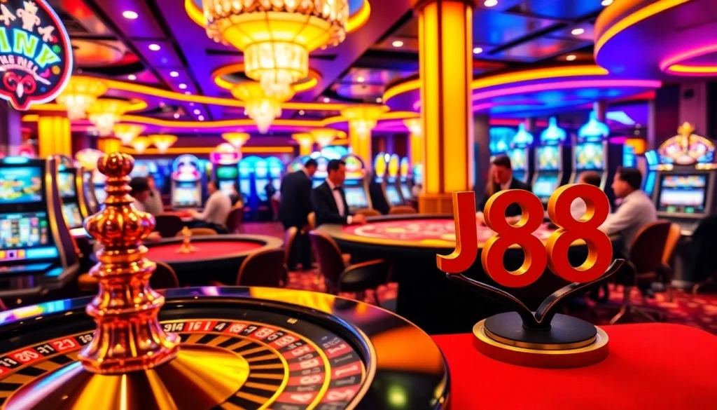 Exciting casino scene featuring the J88 betting tables among vibrant slot machines and engaging players at roulette.