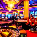 Exciting casino scene featuring the J88 betting tables among vibrant slot machines and engaging players at roulette.