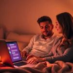 Engaging in ai sex chat on a laptop in a cozy, intimate setting with warm lighting.