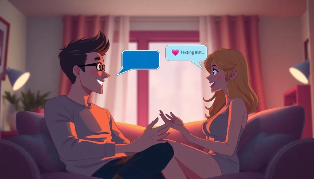 Sexting AI characters engaged in a playful conversation in a cozy digital setting.