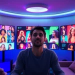 A vibrant scene depicting users engaging in interactive porn AI chat with enticing avatars in a cozy setting.