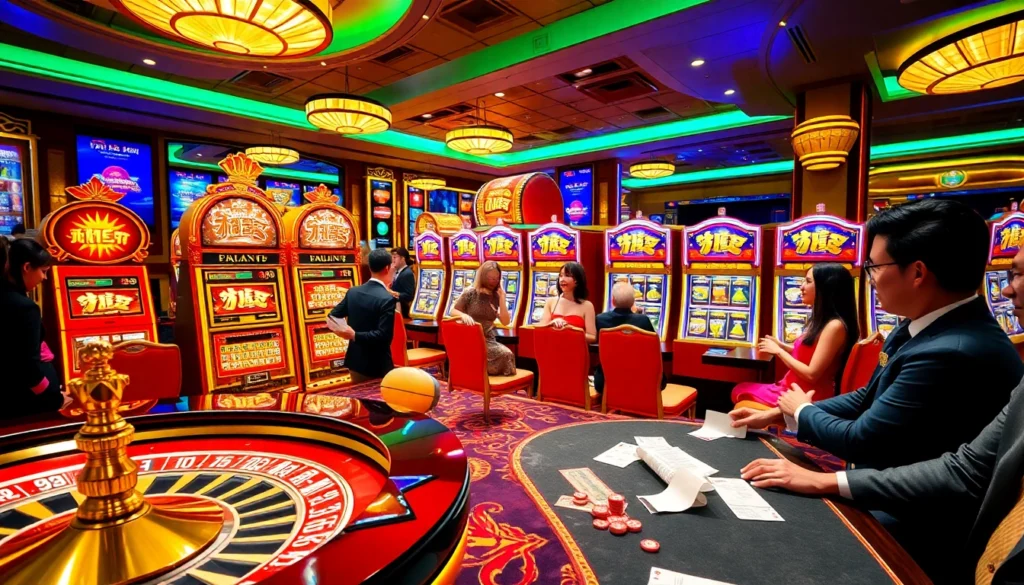 Experience the thrill of 網上老虎機 in a vibrant casino setting with players and colorful slot machines.