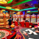 Experience the thrill of 網上老虎機 in a vibrant casino setting with players and colorful slot machines.