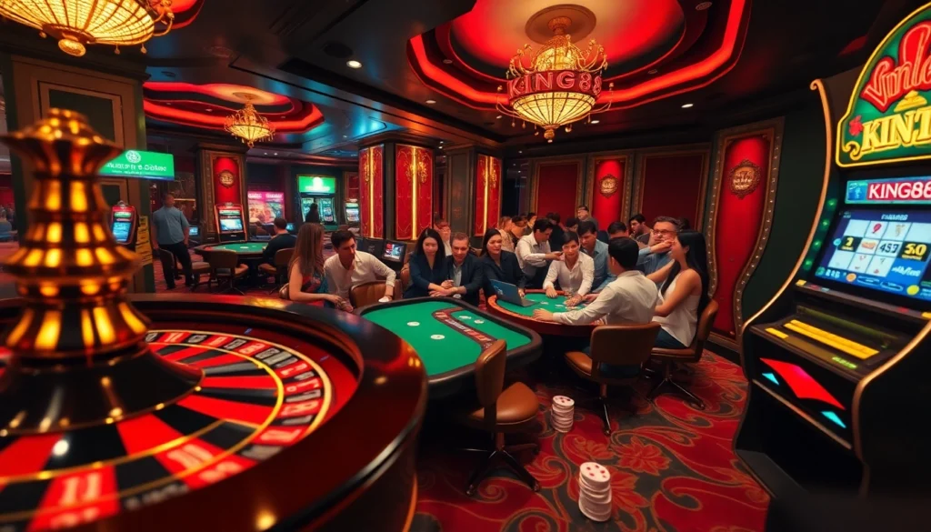 King88 vina showcases a lively casino scene with players engaged in poker, roulette, and slot machines, emphasizing thrilling gambling action.