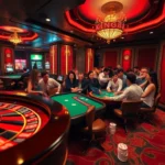 King88 vina showcases a lively casino scene with players engaged in poker, roulette, and slot machines, emphasizing thrilling gambling action.