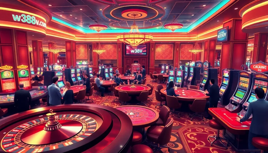 Experience the excitement of w388v.com with players at vibrant casino tables and slot machines.