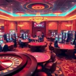 Experience the excitement of w388v.com with players at vibrant casino tables and slot machines.