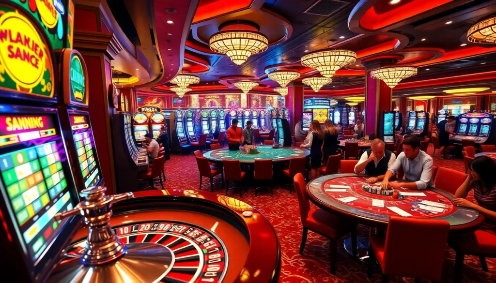 The casino atmosphere at 3king.ws shows players betting at roulette, shining chips, and lively slot machines.