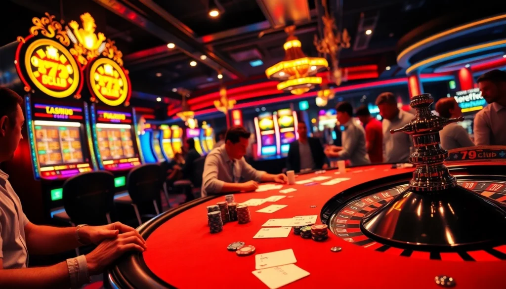 The scene at a casino table featuring thrilling poker action with the app 79club inviting players to engage.