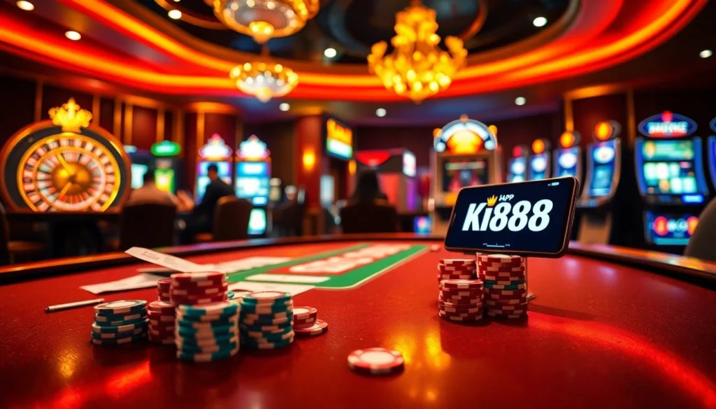Experience the thrill of online gaming with the app King88 in a luxurious casino scene featuring poker, roulette, and slot machines.