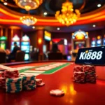 Experience the thrill of online gaming with the app King88 in a luxurious casino scene featuring poker, roulette, and slot machines.