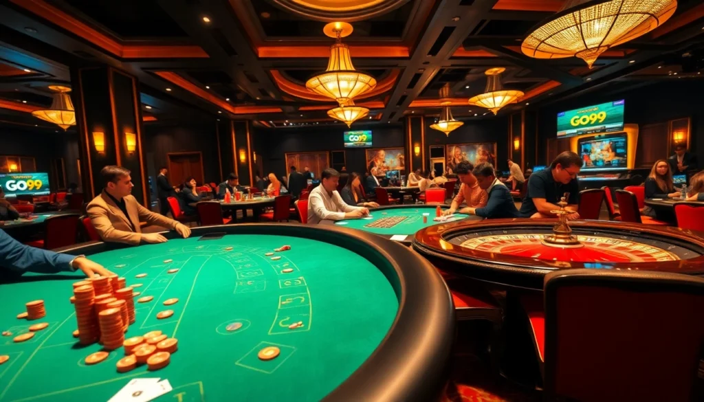 Go99 players enjoying a thrilling round at a luxurious casino table, surrounded by colorful chips and vibrant action.